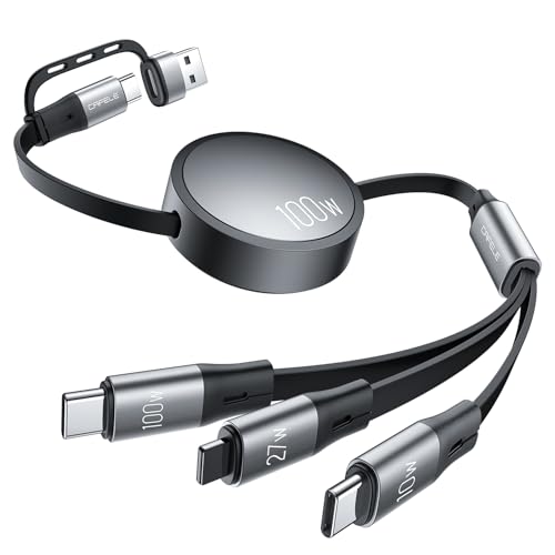 CAFELE Dual-USB-C 6 in 1 Multi Ladekabel,100W PD3.1/QC5.0 Schnellladung Ladekabel Einziehbar,[100W+10W+L27W] USB A/C auf 3 in 1 Schnellladekabel,für 16 15 14 13 12,Galaxy S25,Pad MaBook Pro Air-110CM von CAFELE
