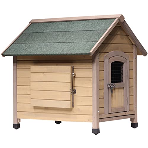 Outdoor-Hundehütte im Hüttenstil, erhöhte Haustierhütte aus Holz mit Asphaltdach, Vordertür, Seitenfenster, Veranda für mittelgroße/große Hunde von CAFIEDR
