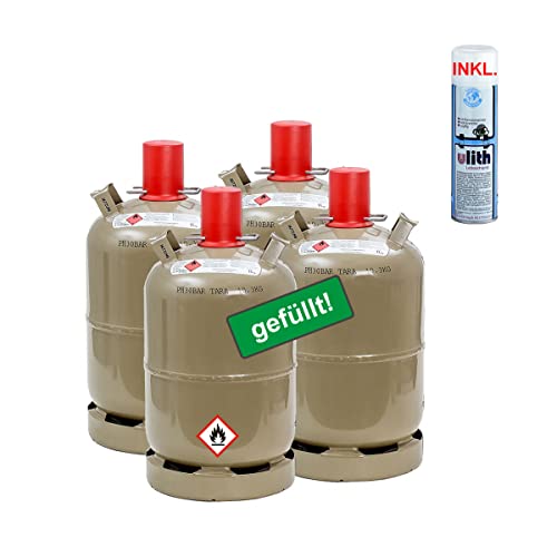 4 x Propan-Gas-Flasche 11 kg gefüllt, voll, inkl. Lecksuchspray für Camping, Gasgrill, Gaskocher von CAGO