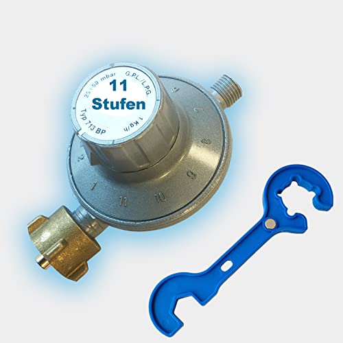 CAGO Gas-Druck-Regler Gasregler verstellbar 11-Stufen-Regler 25-50 mbar regelbar Propan 30 Druckminderer inkl. Gasregler-Schlüssel von CAGO