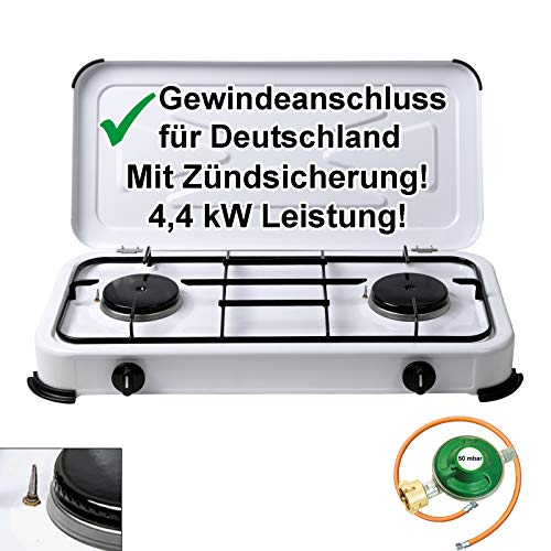 Campingkocher Gaskocher 2-flammig 50 mbar weiss mit Zündsicherung inkl. Gasschlauch 100cm und Gasdruckregler 50mbar von CAGO