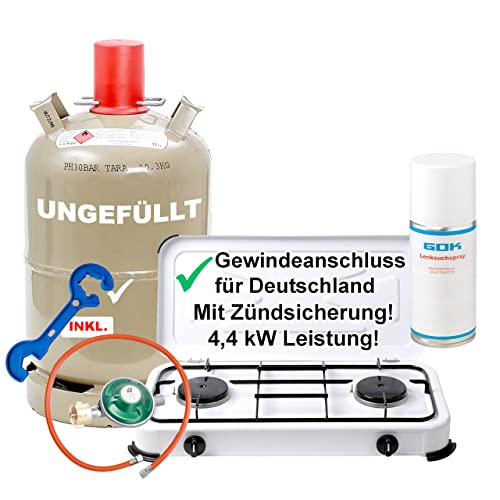 Campingkocher Gaskocher 2-flammig mit Zündsicherung mit Gasschlauch 100cm Gasregler 50mbar Propan Gasflasche 11 kg ungefüllt-leer inkl. 2 in 1 Gasreglerschlüssel mit Magnet von Bluecraft