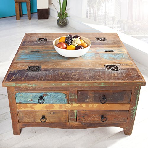cagü Couchtisch & Truhe Borneo 4 Schubladen recyceltes Teak massiv Holz 70cm x 70cm von cagü