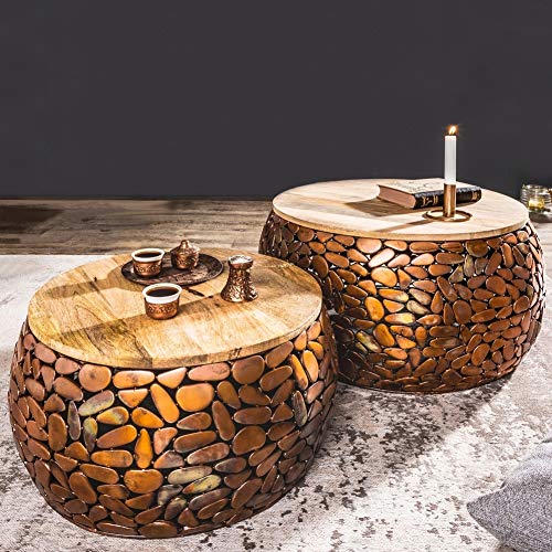 cagü: 2er Set Couchtische [RAVENNA] Kupfer aus Mangoholz mit Metallplättchen im Mosaik-Design handgefertigt 65cm/53cm Durchmesser von CAGÜ