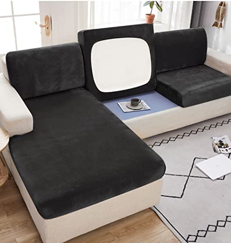 CAIJIN Sofa Sitzkissenbezug, weicher Samtstoff Stretch Sitzkissenschutz superweicher ，Dicker Sitzkissenbezug für soföbelschutz (1-Sitzer, Schwarz) von CAIJIN