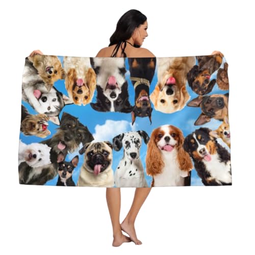 CAIRF Neuheit 3D Hunde Muster Mikrofaser Strandtuch,Lustige Tier Welpe Druck Schnelltrocknend Hochsaugfähige Badetuch Sandfreies Strandhandtuch,Picknick Strand Schwimmen Bunte Strandlaken Handtuch B von CAIRF