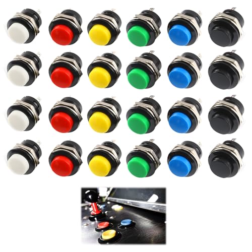 Mini Momentary Push Button Schalter, 24 Stück Rund Drucktaster 16mm, Selbstzurückstellend Mini Taster, Rot Grün Gelb Blau Weiß Schwarz, 3A 250V AC, 2-polig für Auto, Spiele und Industrieanwendungen von CAISYE