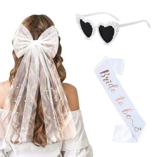 CAIXIANGYU 3 Stück JGA Accessoires Set Damen, JGA Schleier Braut, Herz Sonnenbrille Perle, Bride to Be Schärpe für Hochzeitsfotografie (Weiße) von CAIXIANGYU