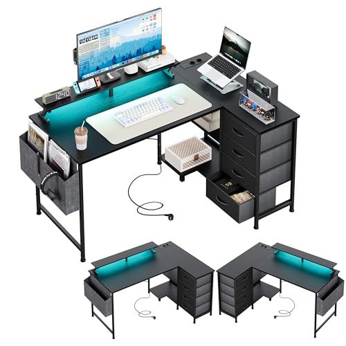 CAIYUN Eckschreibtisch mit 4 Stoff Schubladen, 120x90cm Schreibtisch L Form Reversibler mit USB-Ladeanschluss und Steckdose, L förmiger Schreibtisch mit Monitorablage für Homeoffice, Schwarz von CAIYUN