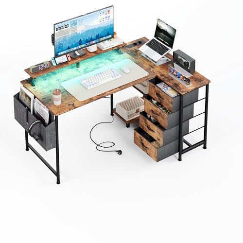 CAIYUN Eckschreibtisch mit 4 Stoff Schubladen, 120x90cm Schreibtisch L Form Reversibler mit USB-Ladeanschluss und Steckdose, L förmiger Schreibtisch mit Monitorablage für Homeoffice (Vintage Braun) von CAIYUN