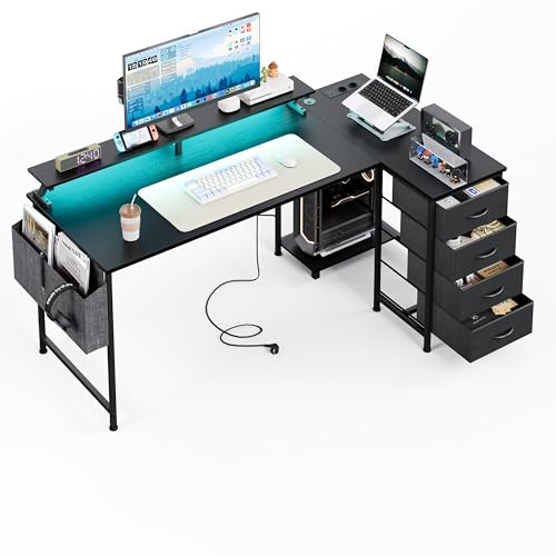 CAIYUN Eckschreibtisch mit 4 Stoff Schubladen, 160x80cm Schreibtisch L Form Reversibler mit USB-Ladeanschluss und Steckdose, L förmiger Schreibtisch mit Monitorablage für Homeoffice, Schwarz von CAIYUN