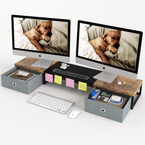 Dual Monitor Stand Riser mit 2 Schubladen - 100CM große Lagerung Computer Monitorständer für 2 Monitore, hölzerne Desktop Organizer perfekt für Home-Office-Schreibtisch, Computer, TV, Schwarz & Braun von CAIYUN