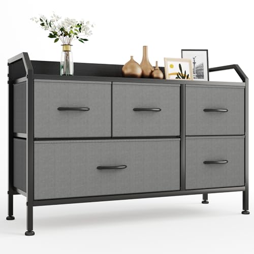Kommode für Schlafzimmer mit 5 Extrabreiten Stoff Schubladen, Schrank Organizer Kleiderschrank, Kommoden & Sideboards mit Holzplatte, Langer Aufbewahrungsschrank für Wohnzimmer, Flur möbel - Schwarz von CAIYUN