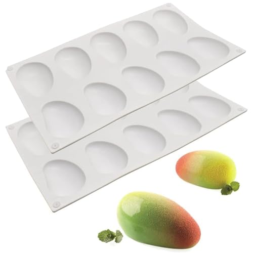 2 fruchtförmige Silikonformen, leicht zu reinigen und zu entfernen, Silikon, 3D Mangoform mit 10 Mulden, hitzebeständig und flexibel für Kuchen, Gelee, Süßigkeiten, Schokolade, Seife Bastelar von CAKEEYUM