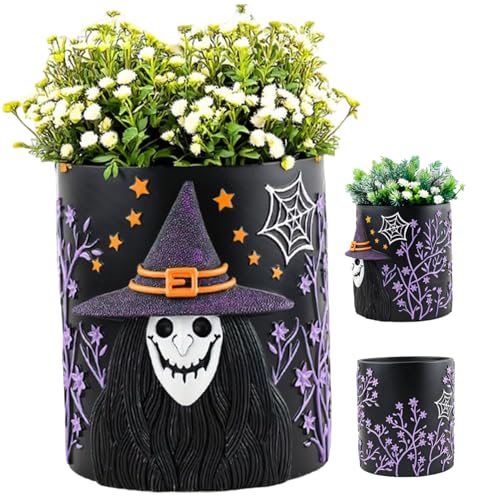 CAKEEYUM Halloween -Pflanzer, gruselige Hexenmusterharz Pflanzer mit Entwässerungsloch für Außen- und Kunstkunstdekoration 6, 3 Zoll CAKEEYUM Halloween -Pflanzer, gruselige Hexenmusterharz Pflanzer mit Entwässerungsloch für Außen- und Kunstkunstdekoration 6, 3 Zoll von CAKEEYUM