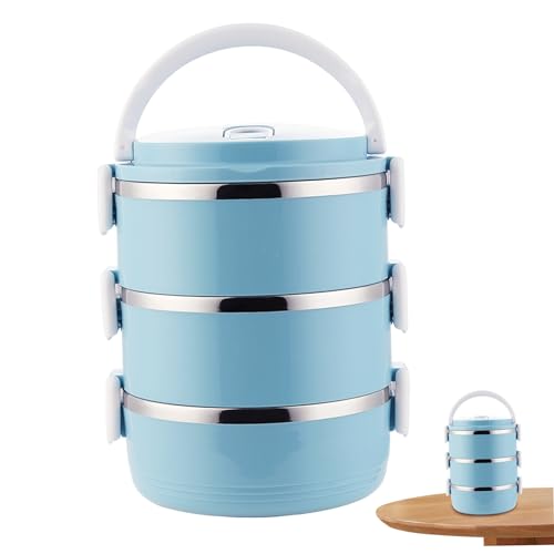 CAKEEYUM Stapelbare Edelstahl-Lunchbox 3-Tier-Isolier-Metall-Lunchbox mit Griffen 2100 ml tragbarer lecksicherer BPA-freier Bento-Box für Erwachsene, Picknick blau von CAKEEYUM