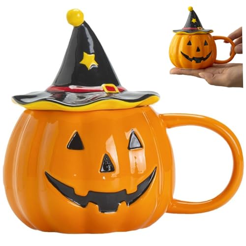 Halloween-Becher, 320 ml süßer Kürbis-Becher mit witchhutförmigem Deckel, hitzebeständiger Keramikkaffeetasse mit Griff für Geschenke von CAKEEYUM