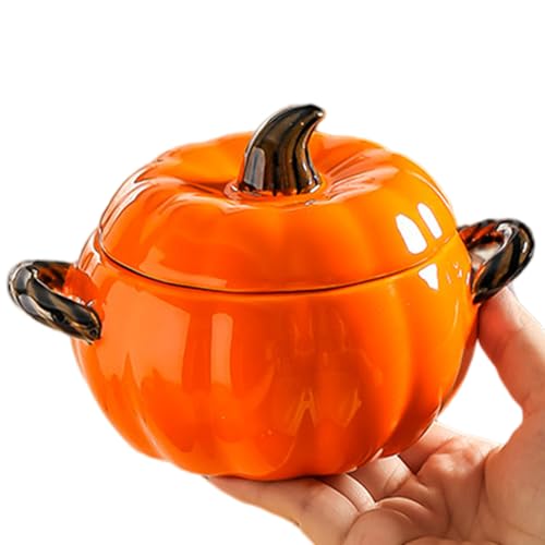 Keramikschüssel mit Deckel, süßes Kürbisschüssel Set, 400 ml, süße Kürbisschüssel mit Doppelgriff, leicht zu reinigende Mini Kürbistöpfe zum Kochen, ofenfest von CAKEEYUM