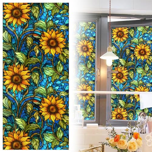 Sonnenblumen Fensterfolie nicht klebende Buntglas Fensterfolie UV beständig Buntglas Fensterfolie abnehmbare Fensterfolie Sichtschutzfolie bunte Fensterfolie dekorativ für Zuhause 17 7 x 39 4 von CAKEEYUM