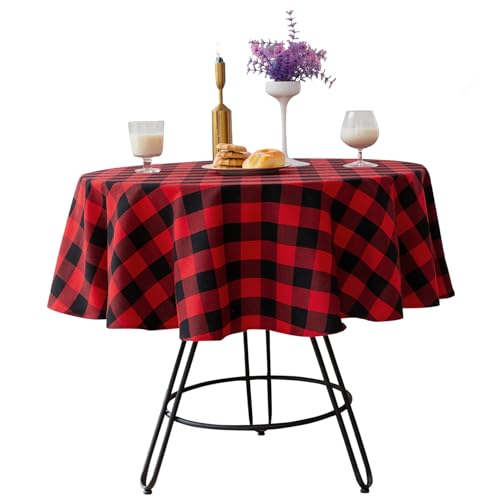 Tischtuch runde Abdeckung 59.1in Baumwollplaid Tischdecke Waschbarer Runde Tisch Cover für Weihnachtsfeier Hochzeit Dekoration Weihnachtsdekoration von CAKEEYUM