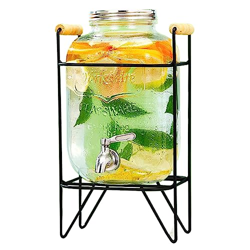 Glas-Getränkespender Mit Auslaufsicherem Zapfhahn|Wasserspender Für Unterhaltung Zuhause Saftbehälter|Kaltgetränkespender Perfekt Für Partys,Familientreffen,5L,Schwarzer Ständer + Edelstahlzapfen von CAKERS