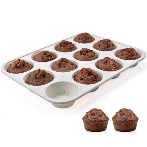 CAKETIME Silikon-Muffinform, metallverstärkter Rahmen, Cupcake-Form, 12 Tassen, normale Größe, leicht zu bewegen in oder aus dem Ofen, antihaftbeschichtet (2) von CAKETIME