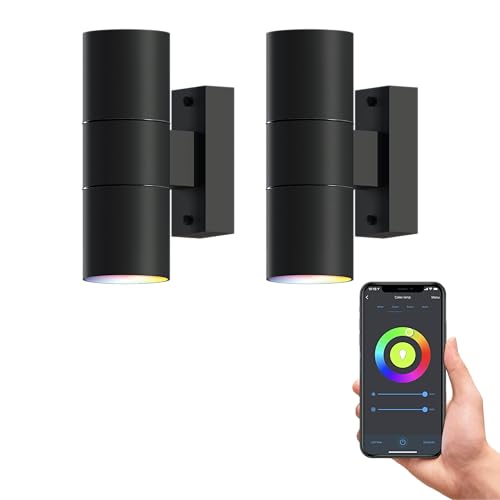CALEX Smart Outdoor LED Wandleuchte, 2×GU10, Up & Downlight, zylindrische Form, RGB-Farben & kalt- bis warmweiß Licht, dimmbar, wasserdicht, WLAN App- & Sprachsteuerung, Schwarz, 2er Pack von CALEX