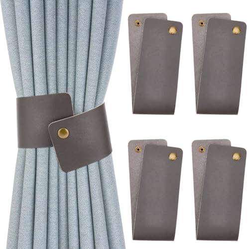 CALFOVERA 4 Stück Eleganter Raffhalter Aus Leder Für Fensterbehandlungen PU Leder Grau Vintage Stil Vorhangseil Raffhalter Retro Vorhangschnalle Mit Druckknopf Für Zuhause Wohnzimmer Schlafzimmer Büro von CALFOVERA