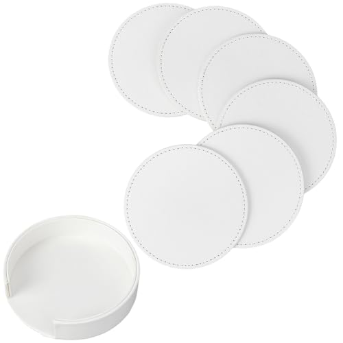 CALFOVERA 6 weiße Getränkehalter Aus PU Leder 10cm Runde Getränkeuntersetzer Aus Leder Auslaufschutz Tischsets Handgefertigt rutschfeste Wärmedämmpads Mit Basis Für Glas Kaffeetasse Becher Heimbar von CALFOVERA