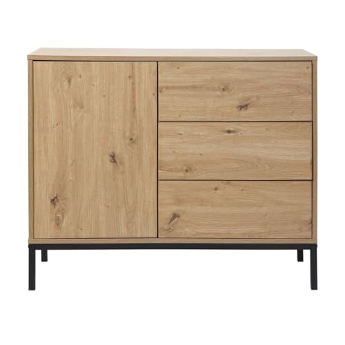 CALICOSY - Kommode 1 Tür 3 Schubladen - Eichenoptik - Metallgestell - Schubladen mit Push-to-Open-Öffnung - Schlafzimmerschrank, Sideboard für Wohnzimmer - Zeitgenössisches Design - B90 x T40 x H80 cm von Calicosy