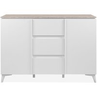 Kommode mit 2 Türen und 3 Schubladen, Dekor Travertin und Weiß, 133 cm – BERTRIX Kommode mit 2 Türen und 3 Schubladen, Dekor Travertin und Weiß, 133 cm – BERTRIX von CALICOSY