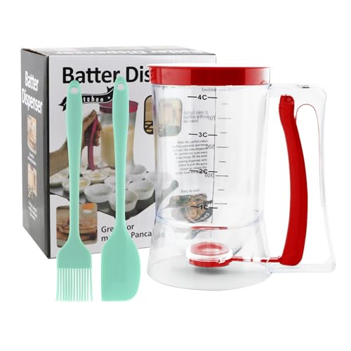 4 Tassen Pfannkuchenteigspender mit 900 ml Messetikett und Silikon-Ölpinsel und Schaber, Cupcake-Teigspender für Cupcakes, Crêpes, Kuchen oder andere Backwaren (rot) von CALIDAKA