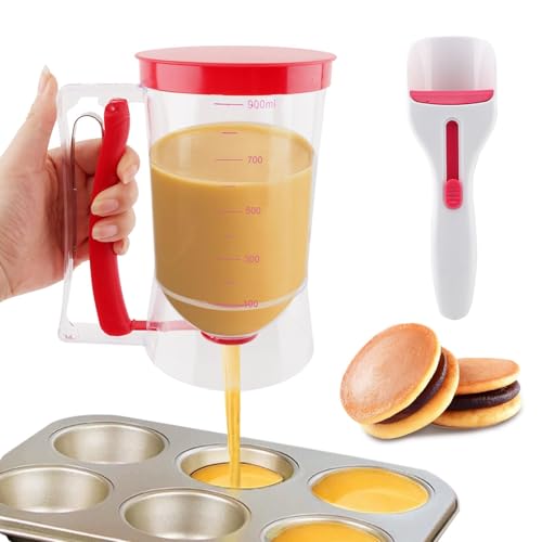 Pfannkuchenteigspender für 4 Tassen mit 1 Cupcake-Teigspender, Schaufel, Pfannkuchenbereiter mit Messetikett und Quetschgriff, für Pfannkuchen, Cupcakes, Waffel, Muffin-Mix (rot) von CALIDAKA