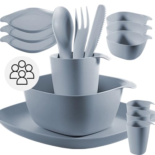 CALIPSO Camping Geschirr Set für 4 Personen | Bruchsicheres Plastikgeschirr, 12-teiliges Camping Geschirr Set, Geschirrset für Garten, Kunststoffgeschirr inkl. Teller, Schüssel, Tasse & Gratis Besteck von CALIPSO