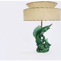 Vintage 1950Er Jahre Mid Century Modern Keramik Marlin Fisch Lampe + Fiberglasschirm Vintage 1950Er Jahre Mid Century Modern Keramik Marlin Fisch Lampe + Fiberglasschirm von CALIVINTAGEUSA