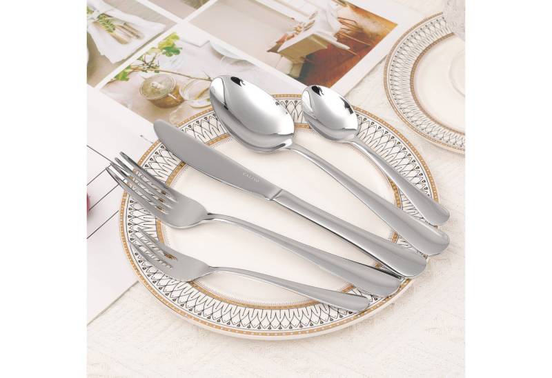 CALIYO Besteck-Set Spülmaschinenfest 30-teilig für 6 Personen aus Edelstahl (60-tlg), 6 Personen, Edelstahl, Poliertes Essbesteck Monobloc-Messer inklusive Messer Gabel Löffel von CALIYO