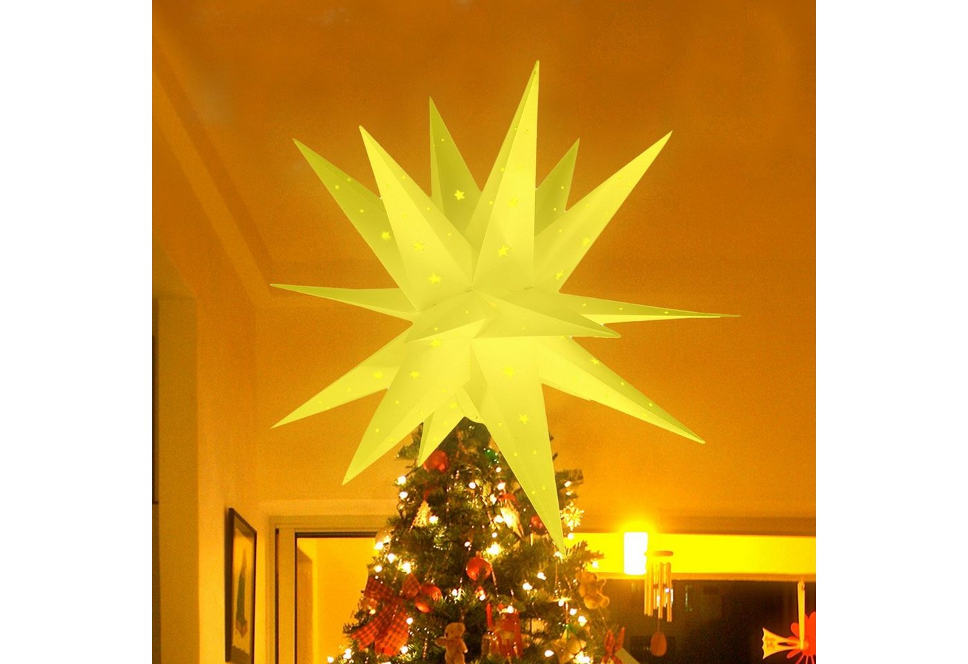 CALIYO Christbaumspitze 3D Weihnachtsstern Beleuchtet Außen Batterie, 58CM Led Leuchtstern, Stern for ​Dekorieren Weihnachtsbaum, Innenhof, Balkon Und Garten von CALIYO
