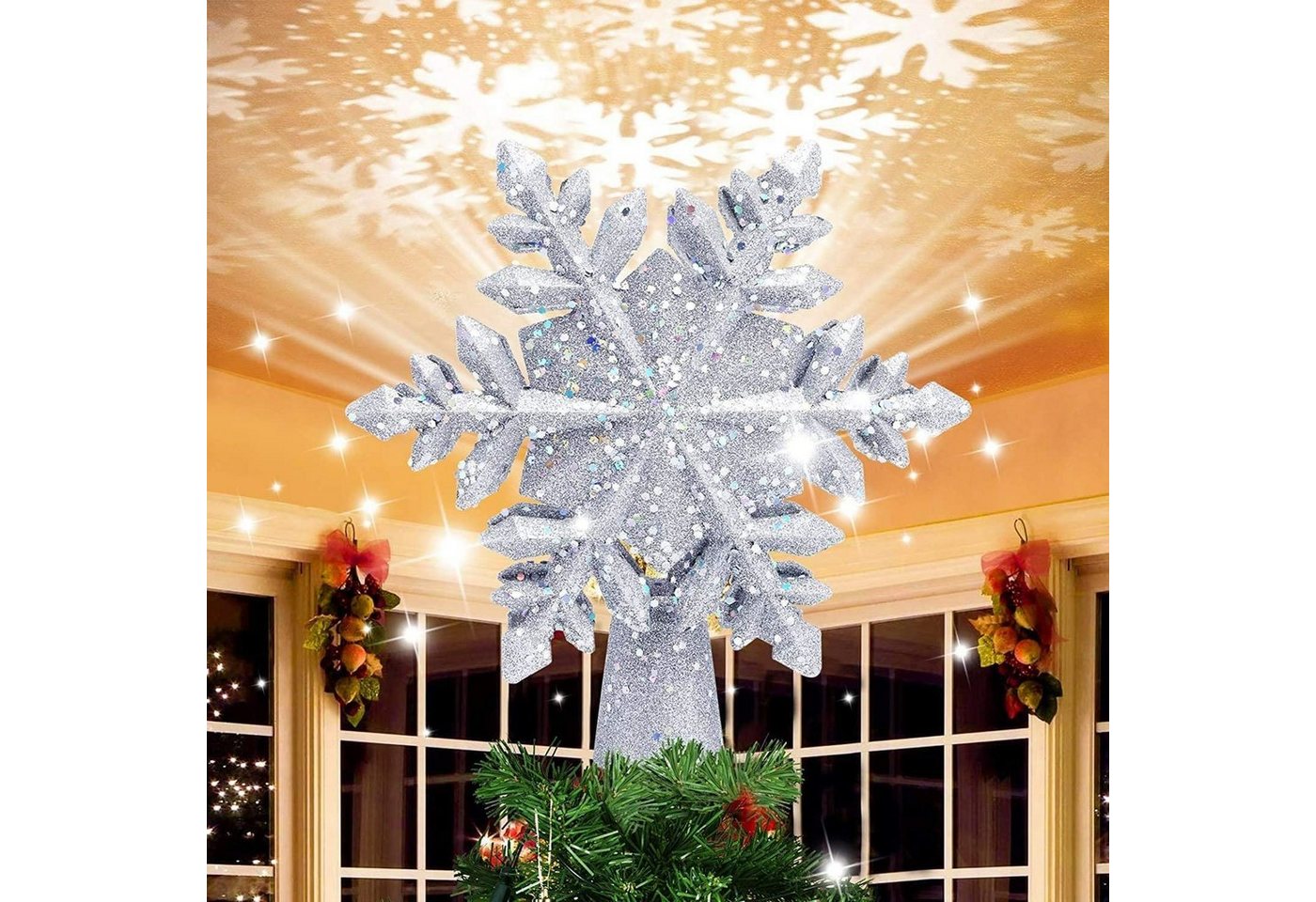 CALIYO Christbaumspitze Weihnachtsbaumspitze Stern mit LED Projektor, Glänzender Christbaumschmuck LED Weihnachtsbaum Schneeflocke von CALIYO