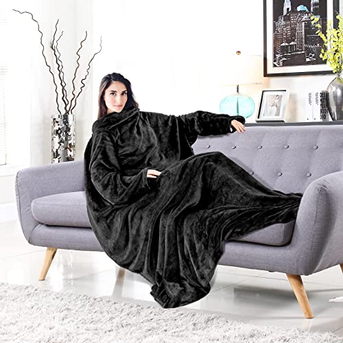 CALIYO Decke mit ärmeln, Extra Weich TV Decke, Ärmeldecke, Lounge-Decke, Tragbar Ganzkörperdecke mit Ärmel, Super Geschenk (Schwarz, 170x200cm) von CALIYO