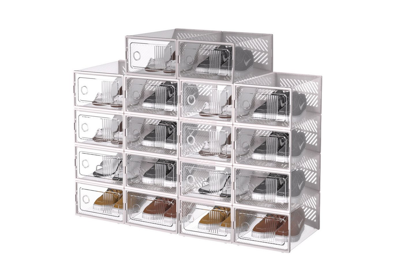 CALIYO Schuhregal Schuhboxen, 18er Set Schuhkartons durchsichtig, faltbar und stapelbar, für Turnschuhe, Stöckelschuhe und Hausschuhe, bis Größe 45 von CALIYO