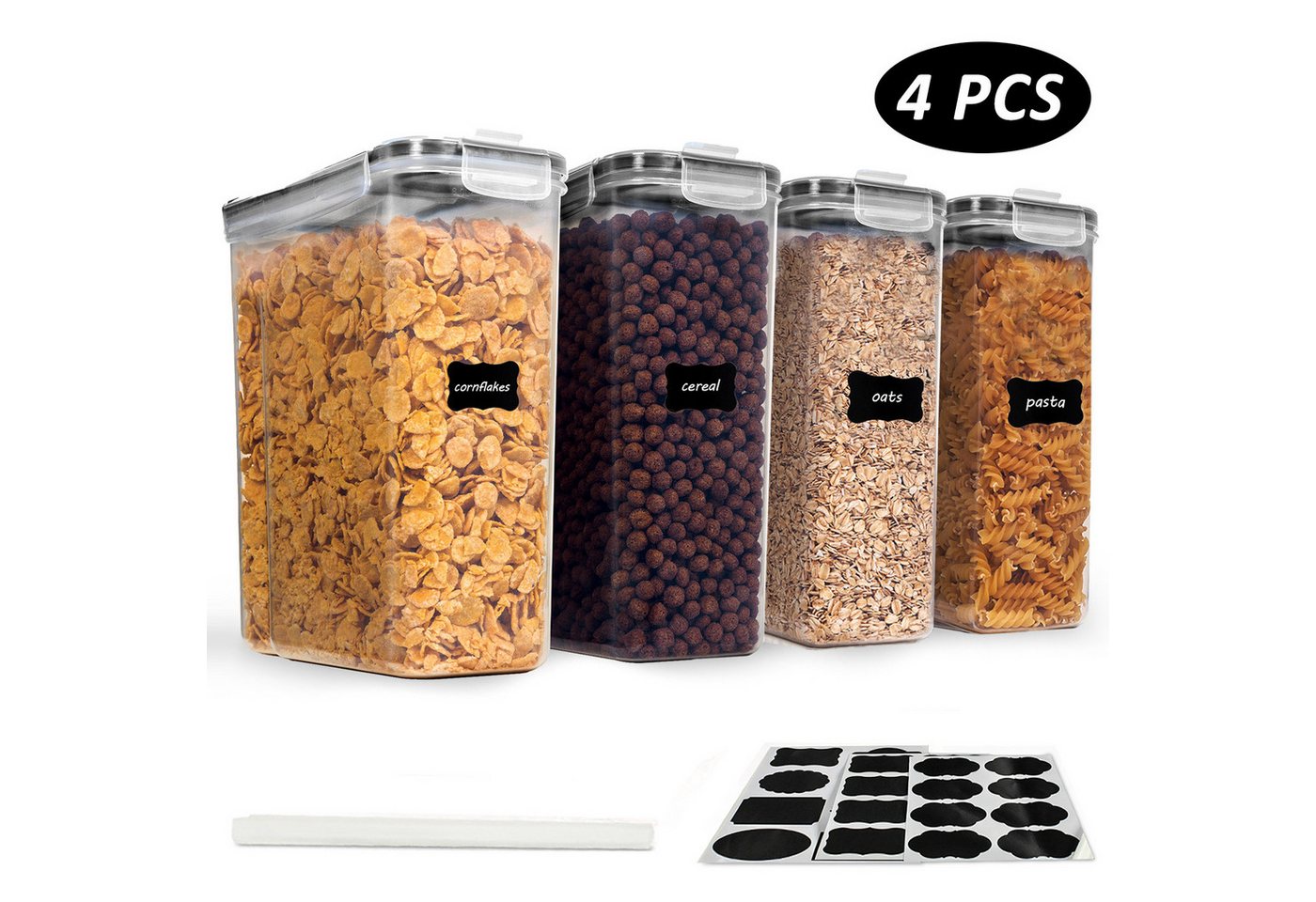 CALIYO Vorratsdose 4L Vorratsdosen Set,Müsli Schüttdose & Frischhaltedosen, Polypropylen (PP), (4-tlg., Satz mit 4 + 24 Etiketten für Getreide, Mehl, Zucker), BPA frei Kunststoff Vorratsdosen luftdicht von CALIYO