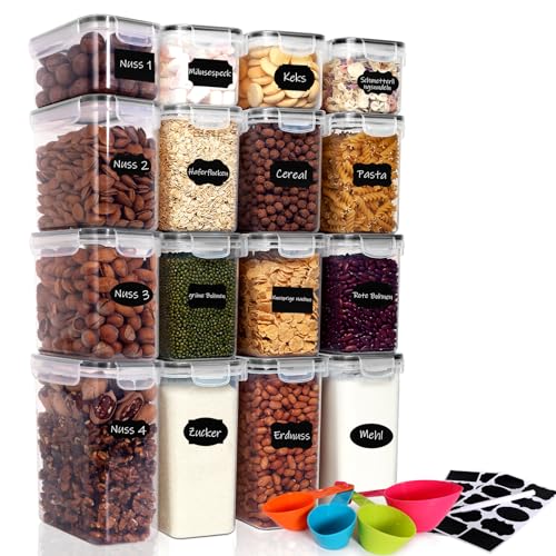 CALIYO Vorratsdosen mit Deckel Luftdicht, 16er Vorratsbehälter Set, Aufbewahrungsbox Küche BPA-frei zum Aufbewahren Getreide, Mehl, Zucker von CALIYO