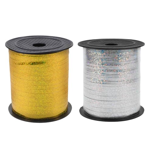 CALLARON 2 Rollen Holografisches Glitzerband für Ballonschnur und Geschenkverpackung Yards Rolle für Dekoration Blumenarrangements und Partys Glänzendes Design Gold und Silber von CALLARON