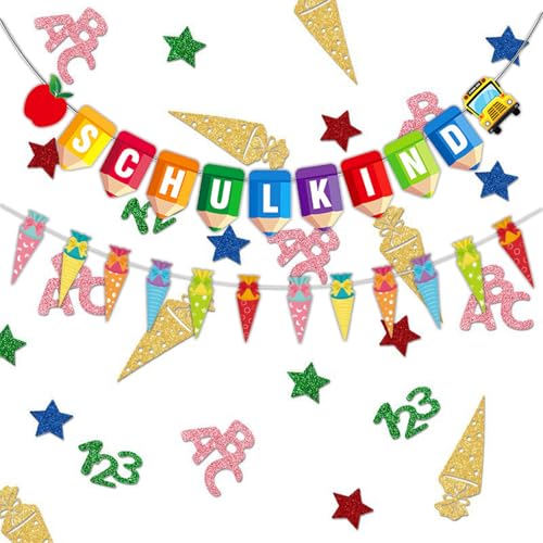 100 Stück Zuckertüte Mädchen Schulanfang Konfetti und 2 Stück Buchstaben Hänge Banner, Einschulung Deko Mädchen Junge Schulkind, Schuleinführung Deko Bunt, Alphanumerischer Konfetti für Tischdeko (1) von CALLYSONIC