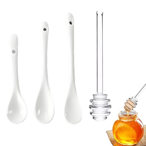 3 Stück Porzellan Eierlöffel mit Glas Honiglöffel, Weiss Teelöffel und Transparenter Honigrührer, Kleine Löffel für Kaffee Tee Desserts Honig Marmelade (3) von CALLYSONIC