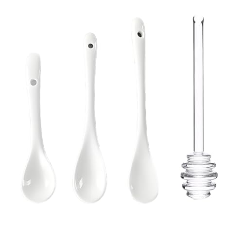 3 Stück Porzellan Eierlöffel mit Glas Honiglöffel, Weiss Teelöffel und Transparenter Honigrührer, Kleine Löffel für Kaffee Tee Desserts Honig Marmelade (4) von CALLYSONIC