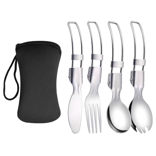 4 Stück Edelstahl Camping Geschirr, Reisebesteck mit Etui, Tragbares Klappbesteck, Göffel, Camping Besteck, Campingbesteck, Camping Besteckset 1 Person, Outdoor Besteck für Reise Camping (N) von CALLYSONIC