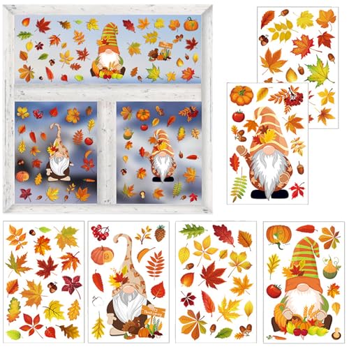 6 Blatt 93 Stück Thanksgiving Fensterbilder Selbstklebend, Ohne Kleber Statisch Selbsthaftend Fensteraufkleber, Herbst Gnome Doppelseitiger Fenstersticker für Erntedankfest Party (Orange-V) von CALLYSONIC