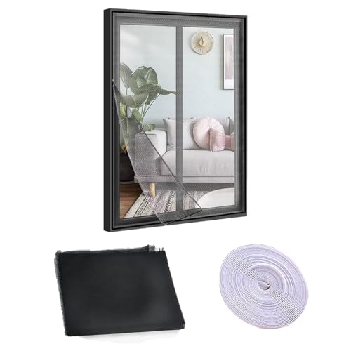 Fliegengitter Fenster, 130 x 150cm Klettverschluss Insektenschutz Fenster mit Umlaufendem Selbstklebendem, DIY Moskitonetz Fenster Mückengitter, Schwarz Netz von CALLYSONIC