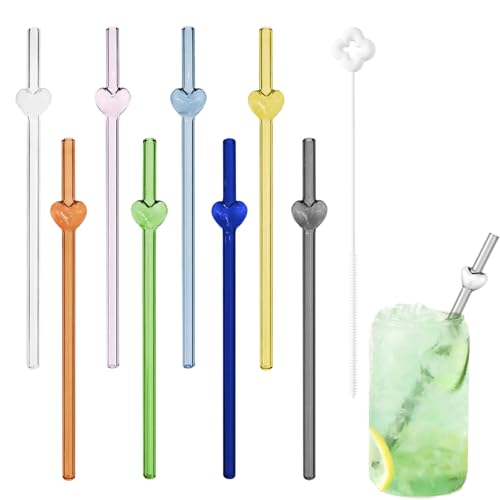 Herz Glasstrohhalme, 8 Stück Wiederverwendbar Strohhalme Glas, 20 cm Glasstrohhalme Bunt Transparente mit 1 Blumenideen Reinigungsbürsten, für Cocktails, Smoothie und Säfte (blau 1) von CALLYSONIC